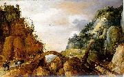 Joos de Momper mountainous landscape with horsemen and travellers crossing a bridge. oil painting on canvas